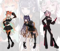 3girls :d black_boots black_choker black_crown black_dress black_pants black_shirt black_skirt black_tiara blunt_bangs boots breasts choker cleavage_cutout clothing_cutout colored_inner_hair commentary_request contrapposto crown dress earrings elbow_gloves feather_earrings feathers full_body gloves gradient_hair green_feathers green_hair hair_ornament hairclip hand_on_own_hip hand_up high_ponytail highres hololive hololive_english holomyth jewelry knee_boots leaning_forward long_hair looking_at_viewer medium_breasts medium_hair mini_crown miniskirt mole mole_under_eye mori_calliope multicolored_hair multiple_girls ninomae_ina'nis official_art open-toe_boots open_mouth orange_choker orange_gloves orange_hair pants parallel_hairclips pink_eyes pink_hair platform_boots ponytail purple_hair red_gloves see-through_clothes see-through_sleeves shirt short_dress shoulder_cutout sidelocks single_thighhigh skirt small_breasts smile takanashi_kiara tentacle_hair thigh-highs thigh_boots tiara tilted_headwear two-tone_hair very_long_hair violet_eyes virtual_youtuber youlike0315 zoom_layer 