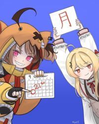 2girls ahoge arms_up artist_name beamed_eighth_notes black_gloves blonde_hair blue_background blush brown_dress brown_hair brown_sailor_collar calendar_(object) card commentary dress eighth_note english_commentary fingerless_gloves frilled_jacket frills gigi_murin gloves gradient_background grin hair_ornament hair_ribbon hair_through_hood highres holding holding_calendar holding_card hololive hololive_dev_is hololive_english hood hooded_shrug hoodie huge_ahoge jacket long_hair long_sleeves looking_at_viewer meme monday mude_(mudddddddde) multicolored_hair multiple_girls musical_note musical_note_hair_ornament one_side_up orange_hood orange_hoodie orange_nails orange_shrug otonose_kanade piano_print pink_eyes plaid_clothes plaid_dress pointing red_eyes red_ribbon ribbon sailor_collar september september_(ewf) sharp_teeth shirt short_hair shrug_(clothing) simple_background smile smug streaked_hair teeth translated twintails two-tone_hair virtual_youtuber zipper_pull_tab 