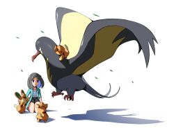 1girl aqua_jacket bird black_hair black_shorts blue_eyes blue_hair closed_mouth colored_inner_hair commentary eyelashes flying hair_ornament hairclip jacket kilowattrel kneeling liko_(pokemon) medium_hair multicolored_hair open_clothes open_jacket open_mouth pawmi pokemon pokemon_(anime) pokemon_(creature) pokemon_horizons psaber97 riding riding_pokemon shadow shirt shorts simple_background smile two-tone_hair white_background 