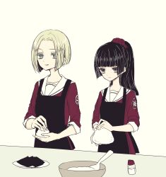  2girls adelheid_muller ai_tanaka apron black_apron black_eyes black_hair blonde_hair blue_eyes commentary_request engawa_(osstbti) food highres mahou_shoujo_ikusei_keikaku mahou_shoujo_ikusei_keikaku_black multiple_girls onigiri plate sailor_collar school_uniform smile 