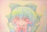  &gt;_&lt; 1girl :p acrylic_paint_(medium) blue_hair blush_stickers bow cirno closed_eyes graphite_(medium) hair_bow ice ice_wings short_hair solo tongue tongue_out touhou traditional_media watercolor_(medium) wings yuyu_(00365676) 