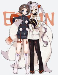  2girls amy_(mahoiku) black_pantyhose blue_eyes boots brown_hair butter_run commentary_request fox_tail grey_background grey_hair highres holding_another's_tail japanese_clothes long_hair magical_girl mahou_shoujo_ikusei_keikaku mahou_shoujo_ikusei_keikaku_f2p monako_(mahoiku) multicolored_hair multiple_girls pantyhose short_hair shorts smile tail white_hair yellow_eyes 