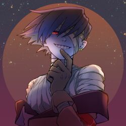  1boy 4lily bad_id bad_twitter_id bandage_over_one_eye bandaged_arm bandaged_neck bandaged_torso bandages bemani black_hair blue_skin brown_coat brown_gloves coat colored_skin commentary_request ear_piercing finger_to_mouth gloves grin half-closed_eyes hand_up looking_at_viewer male_focus night off_shoulder piercing pop'n_music red_eyes short_hair smile smile_(pop'n_music) solo star_(sky) upper_body 