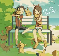  1boy 1girl :d ;d beanie bike_shorts black_shorts bow_hairband brendan_(pokemon) brown_hair buckle clouds commentary_request day hairband harube623 hat highres holding holding_pokemon korean_commentary may_(pokemon) one_eye_closed open_mouth outdoors pichu pikachu pokemon pokemon_(creature) pokemon_omega_ruby_and_alpha_sapphire red_hairband red_shirt shirt shoes short_sleeves shorts sky sleeveless sleeveless_shirt smile strap yellow_shoes 