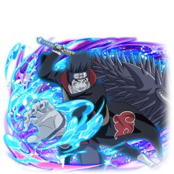  1boy akatsuki_uniform black_coat black_hair coat colored_skin forehead_protector gills grey_pants grey_skin grin holding holding_sword holding_weapon hoshigaki_kisame huge_weapon jewelry kirigakure_symbol looking_at_viewer male_focus naruto_(series) naruto_shippuuden:_ultimate_ninja_blazing official_art pants print_coat ring samehada_(naruto) sharp_teeth short_hair smile solo spiky_hair sword teeth water weapon 