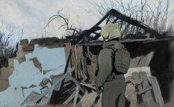 1girl absurdres army building combat_helmet concrete debris destruction from_behind grey_sky helmet highres military military_combat_uniform military_uniform oak_andr original outdoors overgrown rubble ruins russo-ukrainian_war scenery sky soldier solo ukraine war wreckage 