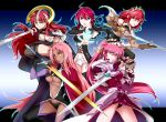  5girls blue_eyes breasts crossover green_eyes highres long_hair looking_at_viewer lyrical_nanoha mahou_shoujo_lyrical_nanoha multiple_crossover multiple_girls pink_hair queen&#039;s_blade red_eyes redhead seiken_no_blacksmith sm318 sword under_boob weapon yellow_eyes 