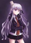  1girl bare_legs black_gloves braid chin_rest dangan_ronpa gloves kirigiri_kyouko long_hair necktie object_on_head pleated_skirt purple_hair ramen side_braid single_braid skirt solo vincent_(hiyakuen) violet_eyes 