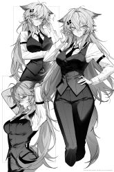  1girl absurdres animal_ears arknights black_necktie commentary glasses grey_eyes grey_hair grey_tail greyscale hair_between_eyes highres lappland_(arknights) long_hair monochrome necktie pants shirt sshumolly tail tying_hair untranslatable_commentary vest white_background white_shirt wolf_ears wolf_girl wolf_tail 