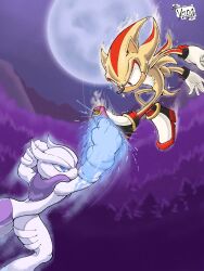  1boy 1other animal_nose artist_logo artist_name black_fur blue_eyes body_fur bracelet chest_fur colored_skin commentary crossover death_battle english_commentary forest furry furry_male gloves grey_skin hedgehog_boy highres inhibitor_rings jewelry kicking logo mega_mewtwo_x mega_pokemon mewtwo moon multicolored_skin nature night nostrils pokemon pokemon_(creature) punching purple_skin red_eyes red_fur red_shoes shadow_the_hedgehog shoes short_tail sonic_(series) super_shadow tail two-tone_fur two-tone_skin v-shaped_eyes white_gloves yellow_fur yopaart 