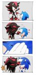  2boys 4koma animal_ears annoyed bracelet chiro_(pez777) comic fur gloves green_eyes grey_background hands_on_hips heart highres jewelry multiple_boys patting_head red_eyes sega shadow_the_hedgehog shoes simple_background sneakers sonic sonic_the_hedgehog translation_request wavy_mouth younger 