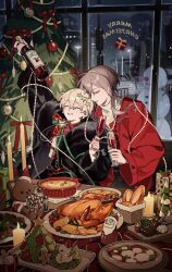  1boy 1girl absurdres alcohol baguette blonde_hair bottle bread brown_hair chicken_(food) christmas christmas_ornaments christmas_tree closed_eyes coat commentary cup drinking_glass earrings food fur_coat haimian_fang_kuku hair_ornament highres jewelry long_sleeves meatball medium_hair merry_christmas original pasta pearl_earrings red_coat red_wine smile spaghetti spaghetti_and_meatballs star_(symbol) star_hair_ornament stuffed_animal stuffed_toy teddy_bear wine wine_bottle wine_glass 