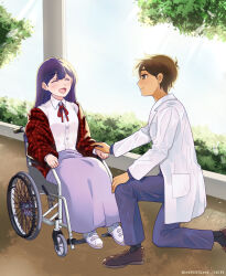  1boy 1girl alternate_costume alternate_eye_color alternate_universe antenna_hair bilingual_commentary black_hair blush bright_pupils brown_eyes brown_hair closed_eyes collared_shirt commentary english_commentary hero_(faraway)_(omori) hero_(omori) highres lab_coat long_skirt long_sleeves looking_at_another mari_(faraway)_(omori) mari_(omori) maromichan mixed-language_commentary omori on_one_knee on_wheelchair open_mouth purple_skirt shirt shoes short_hair skirt smile white_pupils white_shirt white_shoes 