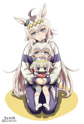  1girl age_comparison aged_down ahoge animal_ears blue_eyes child commentary_request dual_persona ear_covers ear_ornament grey_hair grey_tail hair_between_eyes hair_ornament hairband highres holding holding_stuffed_toy horse_ears horse_girl horse_tail kasamatsu_tracen_training_uniform kiyosuke_(kiyosuke023) long_hair long_sleeves multicolored_hairband multiple_persona oguri_cap_(umamusume) open_mouth smile stuffed_toy tail time_paradox two-tone_hairband umamusume umamusume:_cinderella_gray 