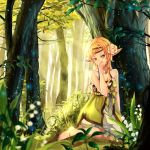  1girl barefoot blonde_hair dress elf flower grass long_hair nature orange_eyes pointy_ears sitting solo tree 