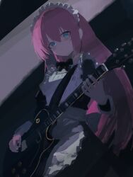  1girl blue_eyes blush bocchi_the_rock! closed_mouth commentary_request electric_guitar gotoh_hitori guitar guitar_strap haigjd8hai hair_between_eyes highres instrument long_hair maid maid_headdress pink_hair playing_guitar playing_instrument simple_background solo 