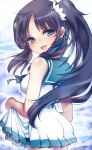  1girl blue_eyes blue_hair dress dress_lift hiradaira_chisaki long_hair nagi_no_asukara ro_(igris-geo) sailor_dress side_ponytail tears 