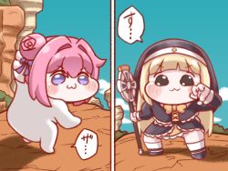  :3 black_coif black_veil blush_stickers chibi chibi_only coif creature diyap_(style) doorookingdom doro_(nikke) dragon_ball dragon_ball_z flower-shaped_hair goddess_of_victory:_nikke hair_bun hair_intakes highres meme nun nun_headdress scene_reference shiny_eyes single_side_bun speaki_(trickcal) speakiposting_(meme) veil 