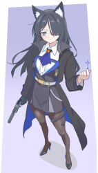  1girl absurdres animal_ear_fluff animal_ears ascot belt black_dress black_shoes blue_ascot blue_background blue_coat blue_dress blue_eyes blue_nails bright_pupils brown_pantyhose closed_mouth coat collared_shirt commentary_request commission dress eggplant7217 expressionless fingernails full_body gun hair_over_one_eye handgun high_heels highres holding holding_gun holding_weapon long_hair long_sleeves multicolored_coat multicolored_dress multicolored_hair nail_polish open_clothes open_coat original pantyhose shirt shoes simple_background skeb_commission solo standing streaked_hair suppressor two-tone_coat two-tone_dress two-tone_hair weapon white_background white_belt white_pupils white_shirt white_streaks 