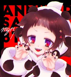  1girl animal_hood anniversary black_nails brown_hair claw_pose commentary_request english_text gohan_004 hair_ornament highres hood magical_girl mahou_shoujo_ikusei_keikaku mahou_shoujo_ikusei_keikaku_aces multicolored_eyes short_hair teeth ururu_(mahoiku) 