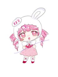  1girl animal_ear_hood animal_ears blush_stickers bow bowtie chibi chinese_commentary commentary_request cross-laced_socks detached_hood dress drill_hair flower_in_eye hair_through_headwear happy heart heart_print highres hood infinity_nikki juzizi kneehighs light_blush long_hair looking_at_viewer nikki_(nikki) nikki_(series) one_ear_down open_mouth pink_dress pink_eyes pink_hair pom_pom_(clothes) print_dress rabbit_ears red_shoes ribbon_print shoes short_dress simple_background single_blush_sticker smile socks solo standing stitches symbol_in_eye tareme thread twin_drills twintails white_background white_bow white_bowtie white_hood white_socks 