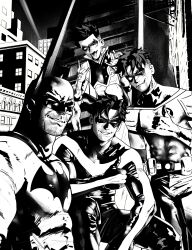  absurdres bat_mask batman batman_(series) batman_symbol belt bodysuit damian_wayne dc_comics dick_grayson domino_mask eye_mask family highres mask monochrome nightwing outdoors robin_(dc) sanlidere spiky_hair superhero_costume taut_bodysuit taut_clothes tim_drake utility_belt 