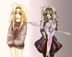  2girls ahoge amputee black_thighhighs blonde_hair blood blood_in_hair blood_on_clothes blood_on_face blood_on_hand blood_on_weapon blue_skirt bottomless chaos;head clone collared_shirt cowboy_shot cross crying crying_with_eyes_open empty_eyes empty_sleeve expressionless frown gradient_background grey_shirt hair_intakes highres holding holding_sword holding_weapon light_blush long_hair long_sleeves looking_at_another multiple_girls nishijou_nanami open_mouth oversized_clothes oversized_shirt pleated_skirt prinham2ter puffy_long_sleeves puffy_sleeves science_adventure shirt simple_background skirt sleeves_past_wrists streaming_tears sword tears thigh-highs violet_eyes weapon white_shirt 