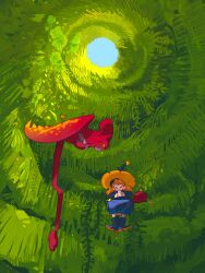  1girl baby_animal bag bird blue_boots blue_dress boots chick curled_up day dekopoko dragon dress duck eating foliage food hat highres holding holding_food holding_sandwich leaf long_hair long_sleeves orange_hair original outdoors red_bag sandwich sitting sleeping solo sunlight western_dragon wide_shot witch witch_hat 