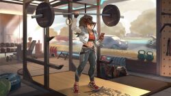  1girl barbell big_hair brown_hair cellphone commentary_request exercising fitness_gym full_body hair_pulled_back headband highres indoors jacket muscular muscular_female official_alternate_costume overwatch pants phone ponytail red_shoes red_sports_bra shadowyahaha shoes smartphone solo sports_bra standing tight_clothes tight_pants vendetta_(overwatch) weightlifting white_jacket 