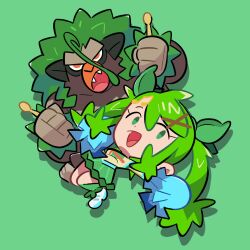  1girl anjohink chibi commentary dot_nose drop_shadow drumsticks english_commentary fangs grass_miku_(project_voltage) green_background green_eyes green_hair green_ribbon green_skirt hair_between_eyes hair_ornament hair_ribbon hatsune_miku highres holding holding_drumsticks holding_pom_poms long_hair musical_note musical_note_hair_ornament no_sclera open_mouth orange_eyes pokemon pokemon_(creature) pom_pom_(cheerleading) project_voltage ribbon rillaboom shoes simple_background skirt smile twintails very_long_hair vocaloid white_shoes 
