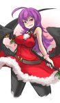  1girl ahoge arceonn bare_shoulders black_legwear black_wings blush borrowed_character breasts christmas cropped_legs dress highres holly long_hair original pantyhose purple_hair red_dress red_eyes scythe sleeveless sleeveless_dress solo tongue tongue_out wings wrist_cuffs 