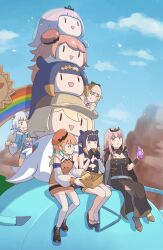 5girls absurdres aqua_hair arm_warmers bare_shoulders black_cloak black_dress blonde_hair blue_eyes blue_hair blue_hoodie bottle box brown_coat cloak closed_eyes coat collared_shirt colored_tips commentary cookie deerstalker dress eating english_commentary food gawr_gura gawr_gura_(1st_costume) grin hat highres holding holding_bottle holding_box holding_cookie holding_food hololive hololive_dreams hololive_english holomyth hood hoodie in-universe_location jhgardener long_sleeves mori_calliope mori_calliope_(1st_costume) multicolored_hair multiple_girls ninomae_ina'nis ninomae_ina'nis_(1st_costume) open_clothes open_coat orange_hair orange_shirt pink_eyes pink_hair purple_hair shirt single_thighhigh sitting sleeveless sleeveless_shirt smile takanashi_kiara takanashi_kiara_(1st_costume) teeth thigh-highs virtual_youtuber watson_amelia watson_amelia_(1st_costume) white_hair white_shirt white_thighhighs 