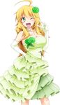  1girl ahoge blonde_hair blush dress flower gloves green_eyes happy hoshii_miki idolmaster long_hair open_mouth smile solo tjk wink 