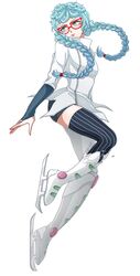  1girl blue_eyes blue_hair curly_hair genderswap ghiaccio glasses ice_skates jangmgj jojo_no_kimyou_na_bouken short_twintails skates solo thigh-highs twintails vertical_stripes zettai_ryouiki 