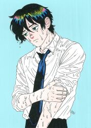  1boy black_hair blue_background collared_shirt frown green_eyes half-closed_eyes hand_on_own_elbow head_tilt kaneoya_sachiko looking_to_the_side male_focus marker_(medium) multicolored_hair necktie original rainbow_hair_shine see-through_clothes see-through_shirt shirt short_hair solo tank_top traditional_media undershirt upper_body wet wet_clothes 