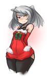  1girl ahoge arceonn arms_behind_back bare_shoulders black_legwear blush christmas cropped_legs dress heterochromia highres infinite_stratos laura_bodewig red_dress red_eyes silver_hair small_breasts smile solo thighhighs two_side_up wide_hips yellow_eyes 