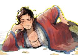 1boy all_wishes_come_true! black_hair black_pants blue_trim brown_eyes brown_hair chinese_clothes closed_mouth coat coin collarbone commentary_request elbow_rest facial_hair hair_bun hair_ornament half_updo hand_fan hand_on_own_cheek hand_on_own_face hand_on_own_hip hanfu head_rest highres holding holding_fan holed_coin jewelry leaf_fan leaf_hair_ornament long_hair looking_at_viewer lying male_focus mustache_stubble necklace nipples on_side on_stomach open_clothes open_coat pants pectorals red_coat robe simple_background single_hair_bun smile solo stubble thai_commentary wavy_hair white_background white_hanfu xiaotofu9 zhongli_quan_(all_wishes_come_true!) 