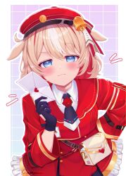  1girl absurdres ahoge alternate_hair_color animal_ears bell belt blue_eyes cherienyubell commentary dress english_commentary frilled_dress frills gloves goat hat highres holding holding_letter hololive letter looking_at_viewer love_letter mailbag mailman necktie red_dress self-upload short_hair smug solo suzuna_tsuzuri 