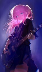  1girl black_shirt bocchi_the_rock! closed_mouth commentary_request electric_guitar gotoh_hitori green_eyes guitar guitar_strap haigjd8hai highres instrument kessoku_band_logo kessoku_band_t-shirt long_hair pink_hair playing_guitar playing_instrument ponytail shirt simple_background skirt solo t-shirt 