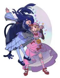  2girls absurdres black_dress black_gloves blonde_hair blue_bow blue_eyes blue_hair blunt_bangs bow caramel cat_tail dress expressionless floating floating_hair frederica_bernkastel frilled_dress frills full_body gem gloves gothic_lolita hand_on_another's_hip hand_up heart highres houxiangqiajiaoti lambdadelta lolita_fashion long_sleeves looking_at_another mary_janes multiple_girls pearl pink_dress puffy_short_sleeves puffy_sleeves red_bow red_eyes red_shoes shoes short_hair short_sleeves simple_background smile socks sticker striped_clothes striped_socks tail umineko_no_naku_koro_ni white_socks 