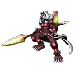  1girl abs armor artiomon bike_shorts breastplate claw_(weapon) claws digimon digimon_(creature) digimon_beatbreak forehead_protector furry furry_female green_eyes holding holding_polearm holding_weapon leg_armor long_hair looking_at_viewer muscular muscular_female official_art polearm shoulder_armor simple_background solo weapon white_background white_hair 