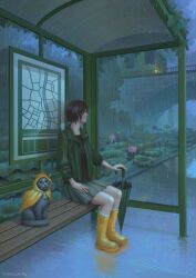  1girl bench black_hair boots bridge bus bus_stop bus_stop_shelter bus_stop_sign cat closed_umbrella commentary cosmos-kitty highres looking_at_viewer map motor_vehicle original painterly rain rain_poncho road_sign rubber_boots sign taking_shelter timetable train umbrella 