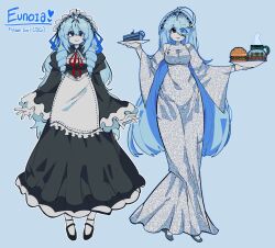  1girl ahoge apron black_shoes blue_eyes blue_hair burger cake cake_slice closed_mouth commentary crown dress english_commentary eunoia_(frozen_soul) food frilled_apron frilled_dress frilled_sleeves frills frozen_soul full_body highres holding holding_plate humanization juliet_sleeves long_hair long_sleeves maid maid_headdress misskiffy multiple_views neck_ribbon plate puffy_sleeves red_ribbon ribbon roblox shoes smile very_long_hair white_apron white_dress wide_sleeves 