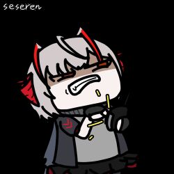  1girl angry animated animated_gif antenna_hair arknights artist_name black_gloves black_jacket black_skirt brown_eyes chibi chibi_only clenched_teeth commentary demon_girl demon_horns detonator fang fingerless_gloves gloves grey_hair half-closed_eyes holding holding_detonator horns jacket lowres pressing_button scowl seseren shirt short_hair simple_background skirt solo teeth upper_body w_(arknights) white_background 