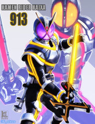  2boys animification character_name commentary_request faiz_driver hand_up highres holding holding_weapon k2_shokai kamen_rider kamen_rider_555 kamen_rider_faiz kamen_rider_kaixa looking_at_viewer male_focus multiple_boys rider_belt tokusatsu twitter_username weapon 