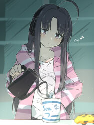  1girl ahoge awa_subaru ayataka_syumimi black_hair commentary_request controller electric_kettle game_controller girls_band_cry highres jacket kettle long_hair long_sleeves nissin_cup_noodle nissin_cup_noodle_seafood one-hour_drawing_challenge open_clothes open_jacket parted_bangs purple_jacket shirt sidelocks solo violet_eyes white_shirt 