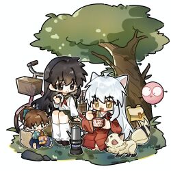  1girl 2boys animal_ears arrow_(projectile) backpack bag balloon bicycle bicycle_basket black_hair bow brown_hair chibi chibi_only child chips_(food) chopsticks commentary_request diamond_(shape) diamond_facial_mark dog_boy dog_ears eating facial_mark food fur_vest green_bow green_sailor_collar green_skirt highres higurashi_kagome holding holding_chopsticks instant_cup_noodles instant_noodles inuyasha inuyasha_(character) japanese_clothes jewelry kettle kimono kirara_(inuyasha) kitsune loafers log magatama magatama_necklace multiple_boys necklace nekomata on_ground onigiri penny_loafers portable_stove potato_chips quiver red_kimono sailor_collar school_uniform serafuku shippou_(inuyasha) shoes skirt tree white_hair yellow_bag zjwe_0 