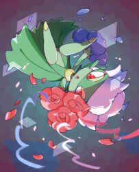  1girl blue_flower blue_rose colored_skin commentary_request crown falling_petals flat_chest flower gem green_skin grin hair_flower hair_ornament happy jewelry looking_at_viewer monster_girl multicolored_skin no_01 petals plant_girl pokemon pokemon_(creature) red_eyes red_flower red_gem red_rose rose roserade sidelocks smile solo thighlet tilted_headwear two-tone_skin white_skin yellow_crown 