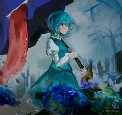  1girl aqua_hair aqua_skirt aqua_vest bare_shoulders blue_eyes blue_nails commentary flower fog from_side geta graveyard heterochromia highres holding holding_umbrella hoshiringo0902 hydrangea juliet_sleeves long_sleeves one-hour_drawing_challenge outdoors puffy_sleeves red_eyes shirt short_hair signature skirt solo standing tatara_kogasa tongue tongue_out touhou twitter_username umbrella vest water_drop white_shirt 