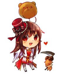  1girl :d animal-shaped_balloon arch_bishop_(ragnarok_online) baphomet_jr black_shoes blush brown_hair chinese_commentary commentary_request cross dress fishnet_thighhighs fishnets full_body goat hat juliet_sleeves long_hair long_sleeves looking_at_viewer open_mouth pointy_ears puffy_sleeves ragnarok_online red_dress red_eyes red_hat sash scythe shoes shyh_yue simple_background smile solo standing thigh-highs top_hat two-tone_dress white_background white_dress white_thighhighs yellow_sash 